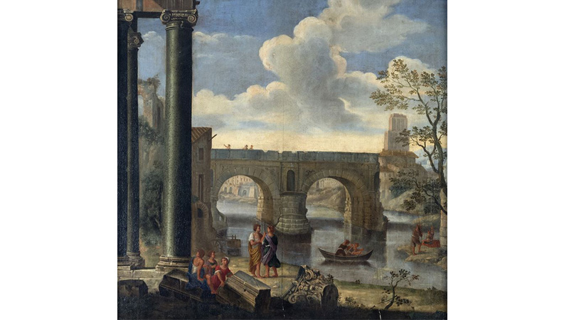 Pittore romano, XVIII secolo. Veduta di ponte rotto verso l'isola tiberina. Olio su tela applicata su tavola, cm. 85 x 87,5.
