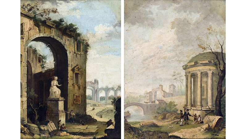 Charles Louis Clerisseau (Parigi 1722 - Auteuil 1820). Capricci architettonici con scultura classica, popolani. Coppia di dipinti ad olio su carta applicata su tela, cm. 54 x 39,5.