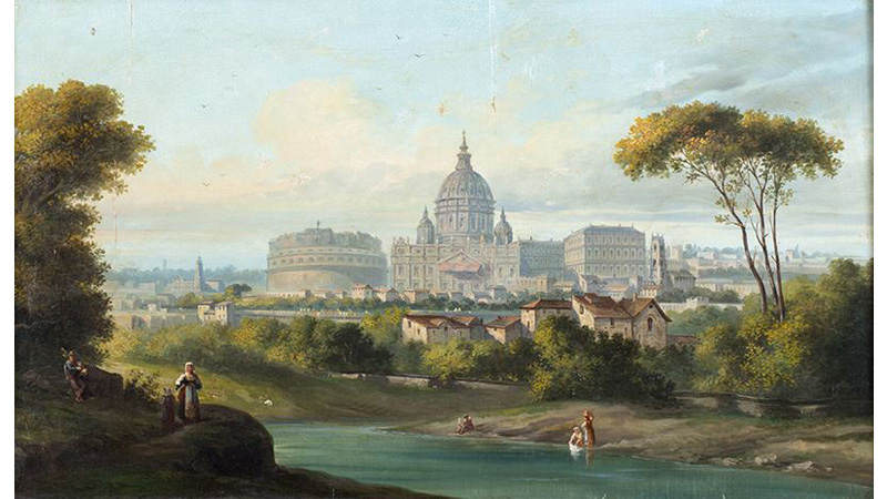 Pittore italiano, metà XIX secolo. Veduta di San Pietro e Castel Sant'Angelo dal Tevere. Olio su tela, cm. 55 x 96.