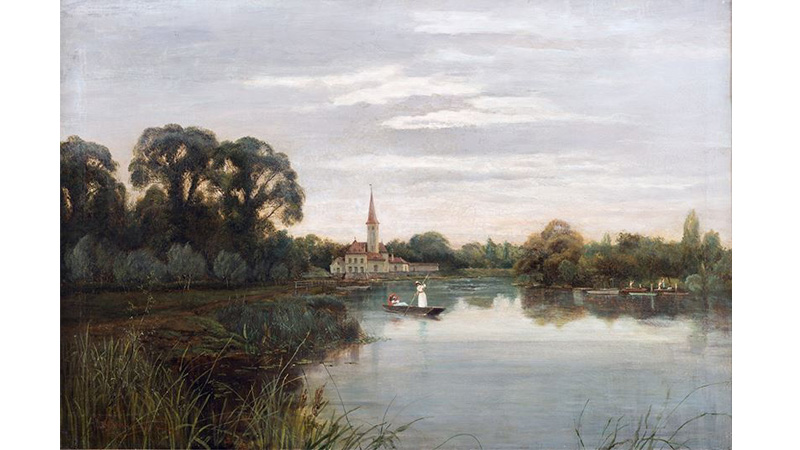 Constantin Kryschitskij (Kiew 1858 - San Pietroburgo 1911). Paesaggio con borgo e barca con villeggianti. Olio su tela, cm. 50 x 76.