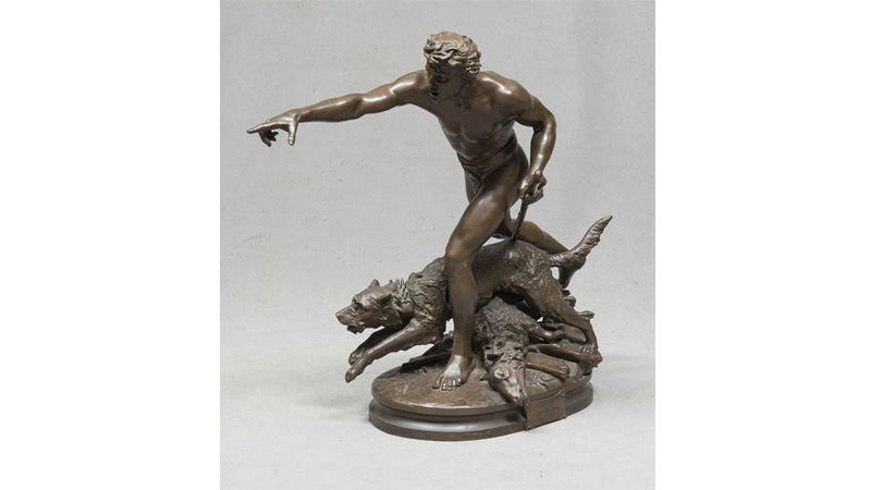 Louis Auguste Hiolin (Septmonts 1846 Silly la Poterie 1910). Al Lupo. Scultura in bronzo brunito, cm. 81 x 54 x 101.