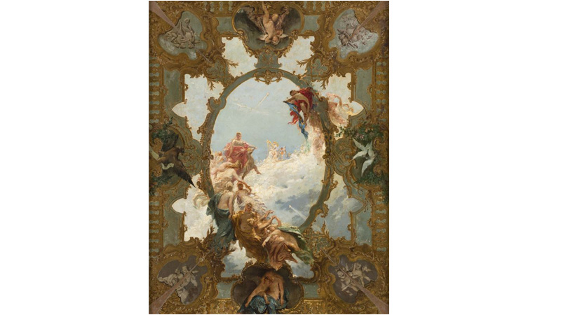 Pittore veneziano, inizi XIX secolo. Proggetto di volta con allegoria della fortuna e schiera di fanciulli e putti. Olio su tela sagomata agli angoli, cm. 84 x 64.