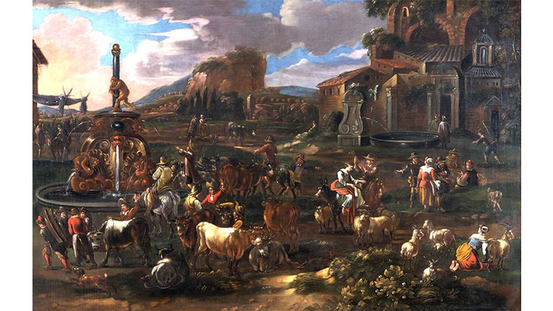 Antoine Goubau (Anversa 1616 - 1698). Mercato tra i ruderi di Roma. Olio su tela, cm. 111 x 171.