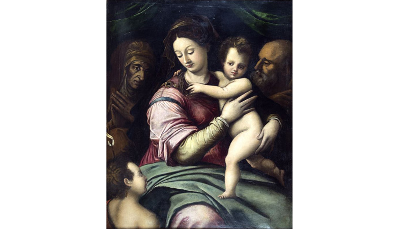 Perin Del Vaga,  bottega di ( Firenze 1501 - 1547). Sacra famiglia con San Giovannino e Santa Elisabetta. Olio su tela, cm. 117 x 94.